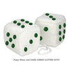 4 Inch White Fuzzy Car Dice with DARK GREEN GLITTER DOTS