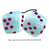 3 Inch Light Blue Fluffy Dice with HOT PINK GLITTER DOTS