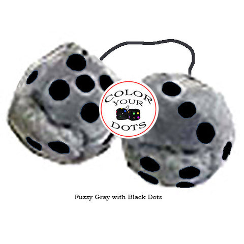 4 Inch Grey Fuzzy Dice with Black Dots