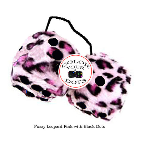 4 Inch Pink Leopard Fuzzy Dice with Black Dots
