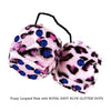 4 Inch Pink Leopard Fuzzy Dice with ROYAL NAVY BLUE GLITTER DOTS