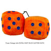 4 Inch Orange Fluffy Dice with ROYAL NAVY BLUE GLITTER DOTS