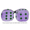 3 Inch Lavender Purple Fuzzy Dice with DARK GREEN GLITTER DOTS