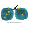 3 Inch Teal Fuzzy Dice with GOLD GLITTER DOTS