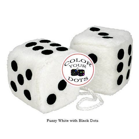 4 Inch White Fuzzy Car Dice with Black Dots