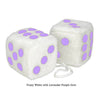 4 Inch White Fuzzy Car Dice with Lavender Purple Dots