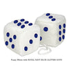 4 Inch White Fuzzy Car Dice with ROYAL NAVY BLUE GLITTER DOTS