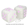 4 Inch White Fuzzy Car Dice with LIGHT PINK GLITTER DOTS