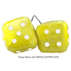 3 Inch Yellow Fuzzy Dice with WHITE GLITTER DOTS